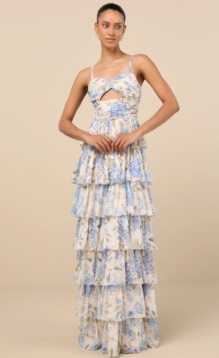 Beige and Blue Floral Cutout Tiered Maxi Dress